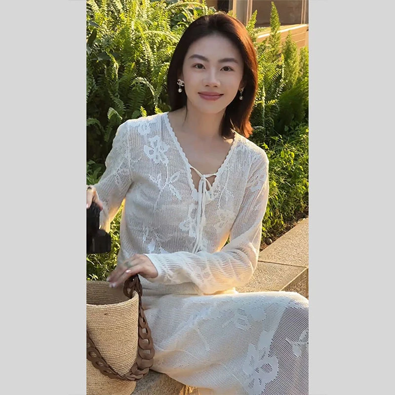夏日绝美小裙子套装女减龄白色针织上衣半身裙法式漂亮气质两件套