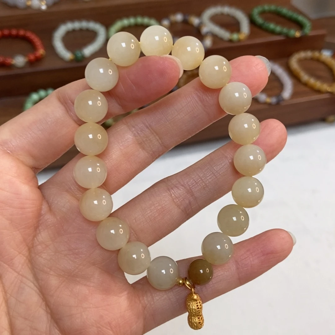 和田玉银S925镶嵌手链10mm糖白福利微瑕