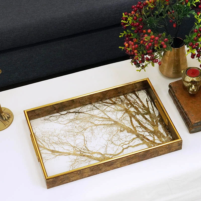北欧现代咖色树枝图艺术装饰托盘 设计师软装收纳盘茶盘轻奢精致
