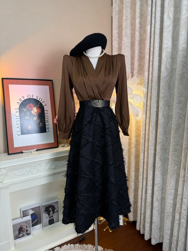 Mikau[送腰带]高级感气质长裙V领拼接连衣裙乌市包邮发