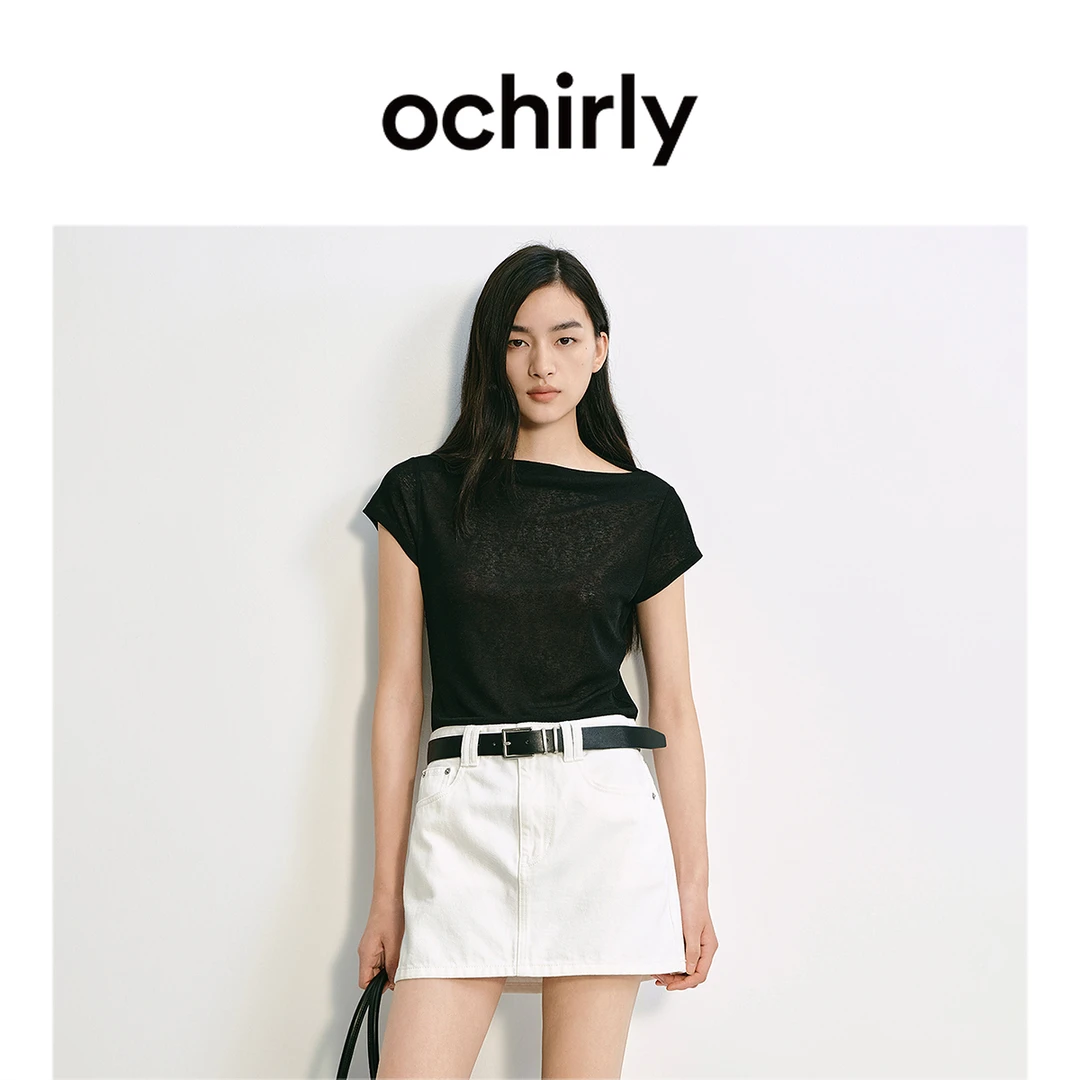 OCHIRLY欧时力 一字领短袖针织衫女t恤上衣透气时尚夏季2025新品