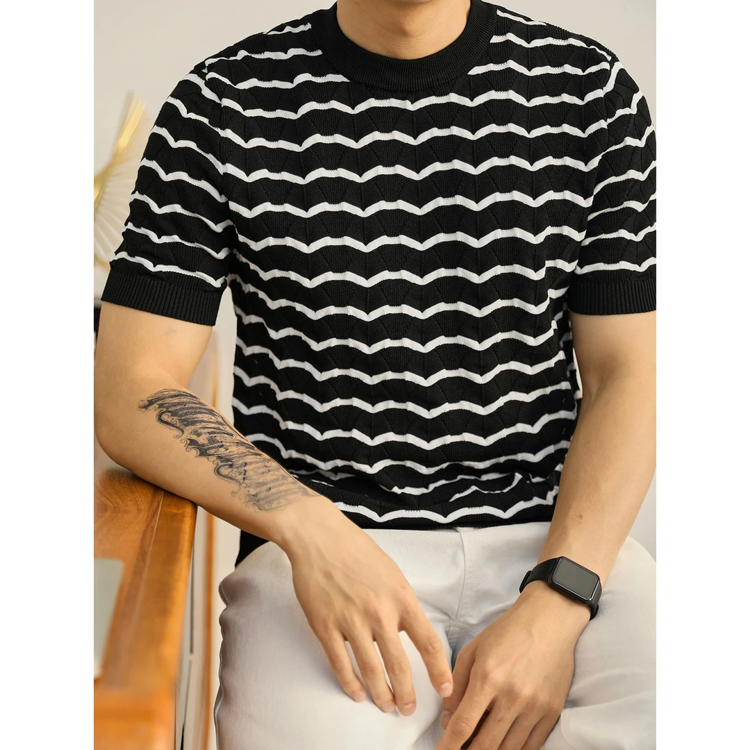 奥兰德保罗夏季轻奢冰丝圆领针织短袖肌理感镂空曲线条纹短袖T恤