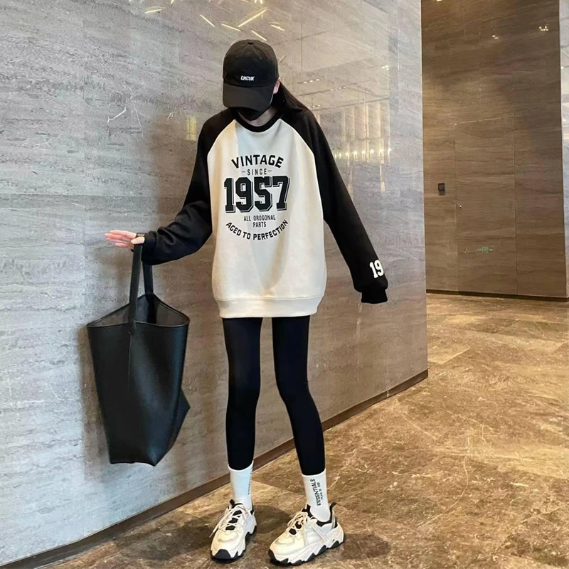 美式复古宽松洋气卫衣女精致时髦圆领无帽拼接慵懒风oversize外套