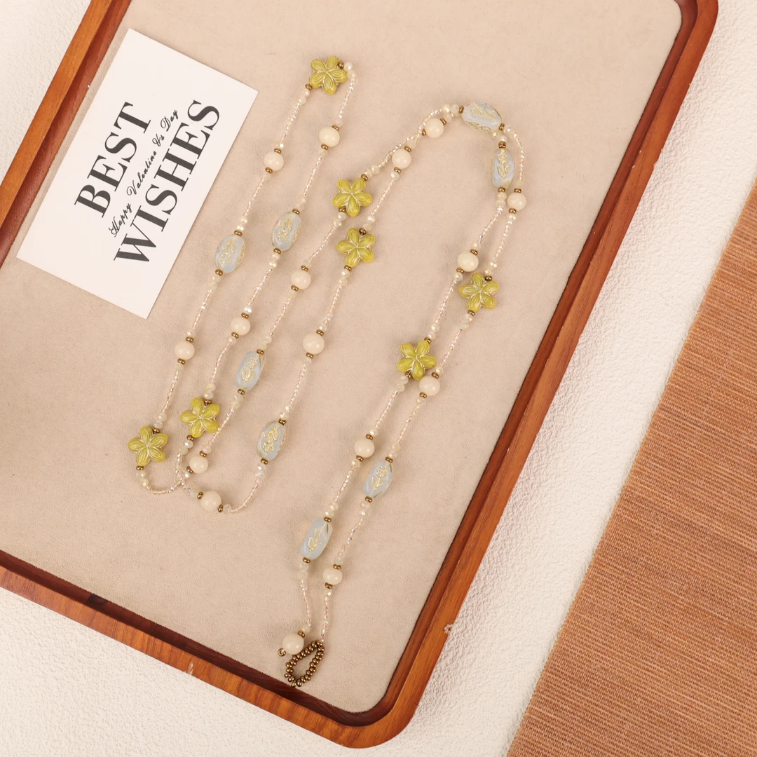 合金项链 LZ3048 杨桃黄色小花白色雕刻玫瑰花肤色小米珠琉璃项链