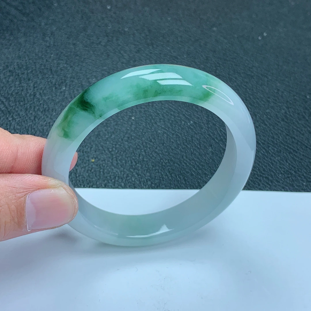 天然缅甸翡翠Ａ货手镯冰糯种飘花54.4圈口手镯