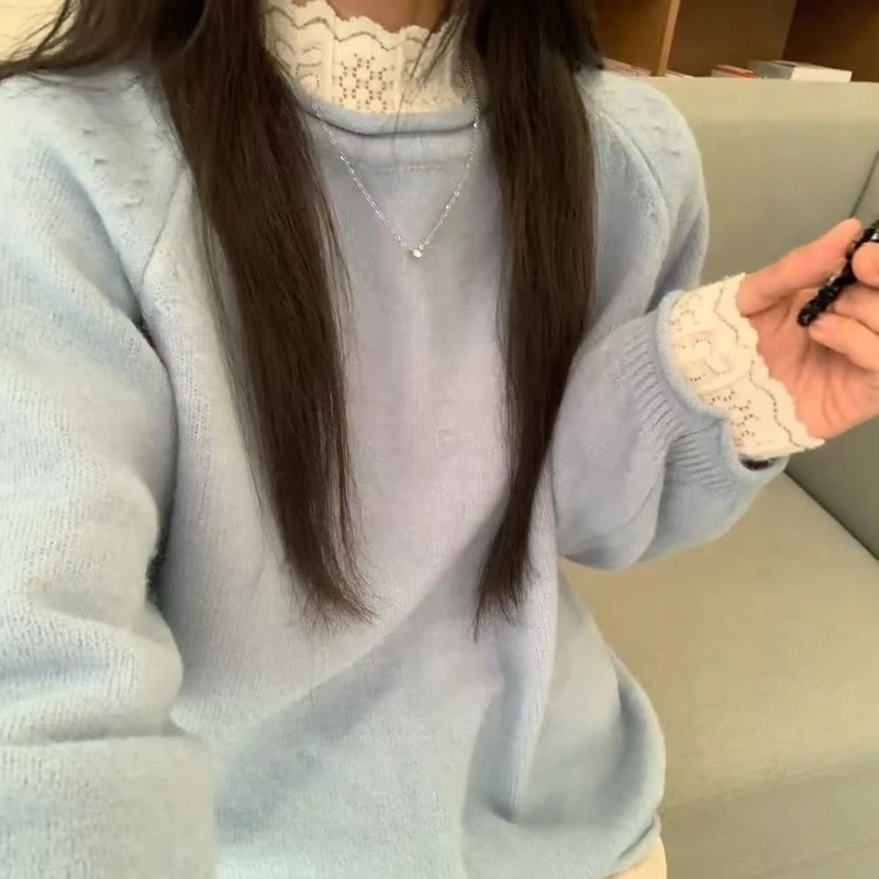 奶蓝软糯套头毛衣女2025秋冬新款韩系气质百搭圆领针织衫上衣ins