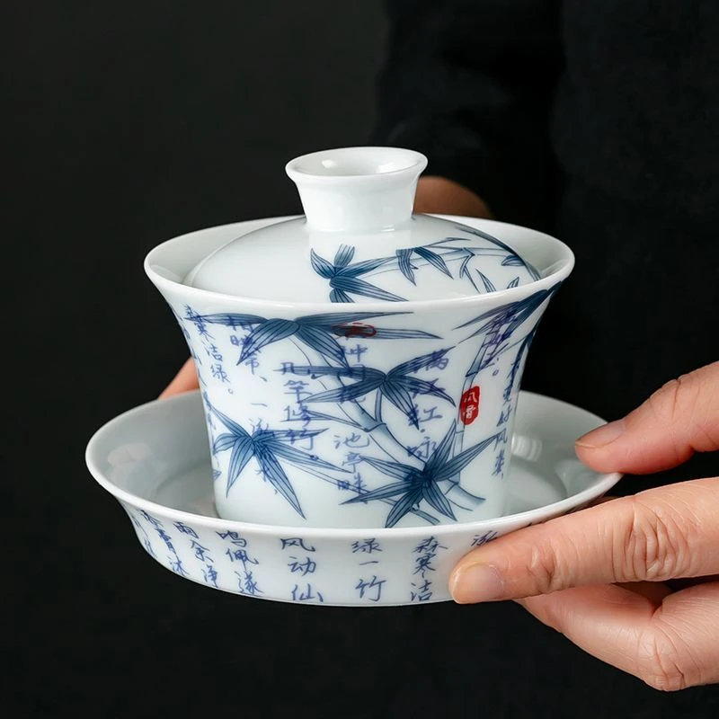 青花诗文竹节马蹄三才盖碗陶瓷家用高档功夫茶具不烫手茶碗0831