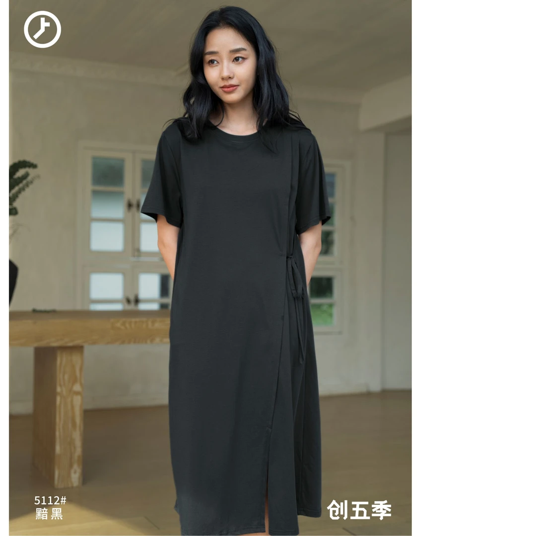 短袖裙子长裙时尚休闲风连衣裙简约黑色夏季气质显瘦宽松中长款