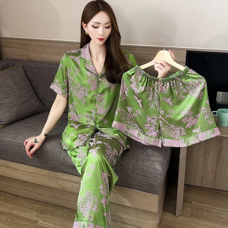 跨境冰丝短袖睡衣夏季女士高级感绿色花卉可外穿家居服三件套批发