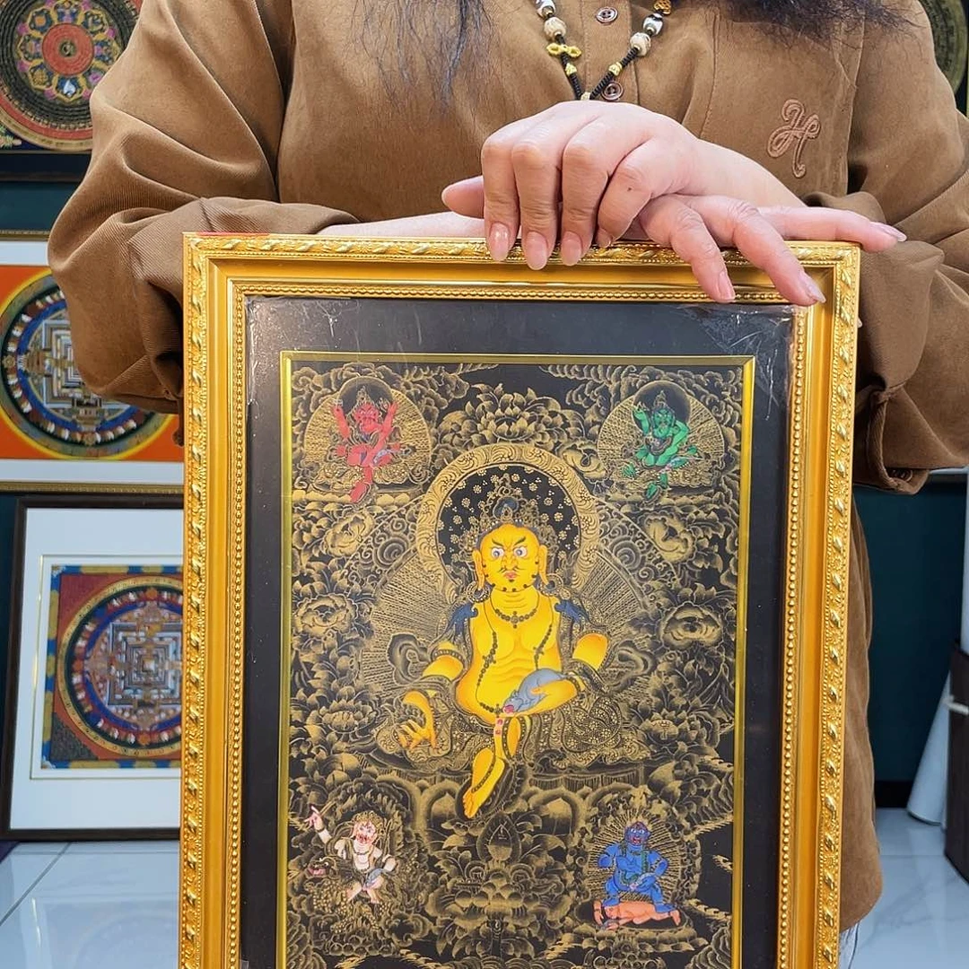 卷轴画五路财手绘矿料唐卡带框