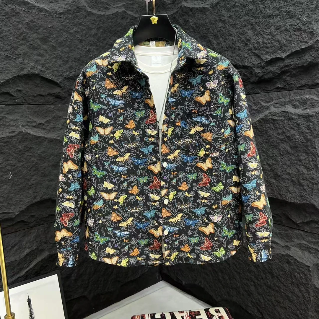 男士潮流印花夹克春秋季翻领外套时尚休闲风衣2289