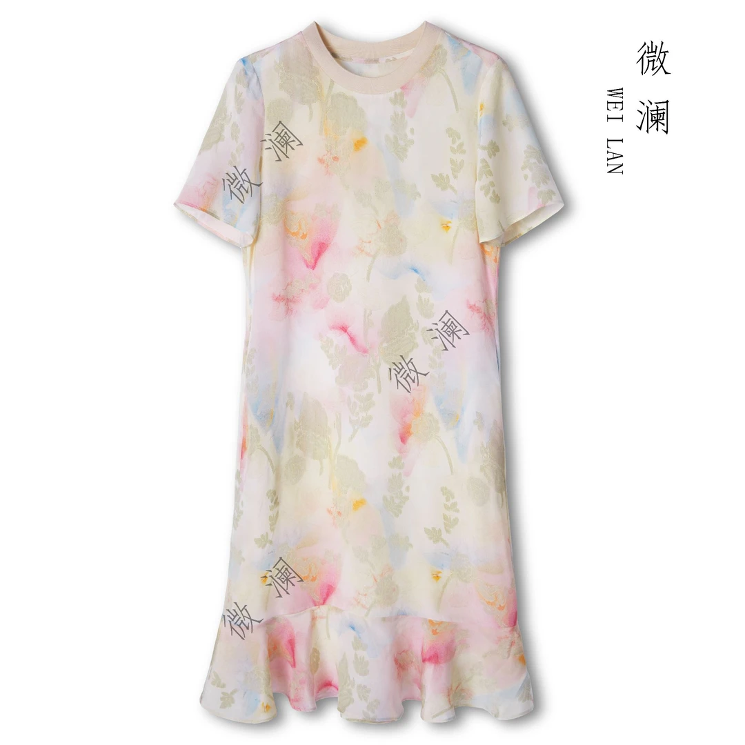 【红粉佳人】夏季04双绉100%桑蚕丝碎花休闲圆领连衣裙2025-061