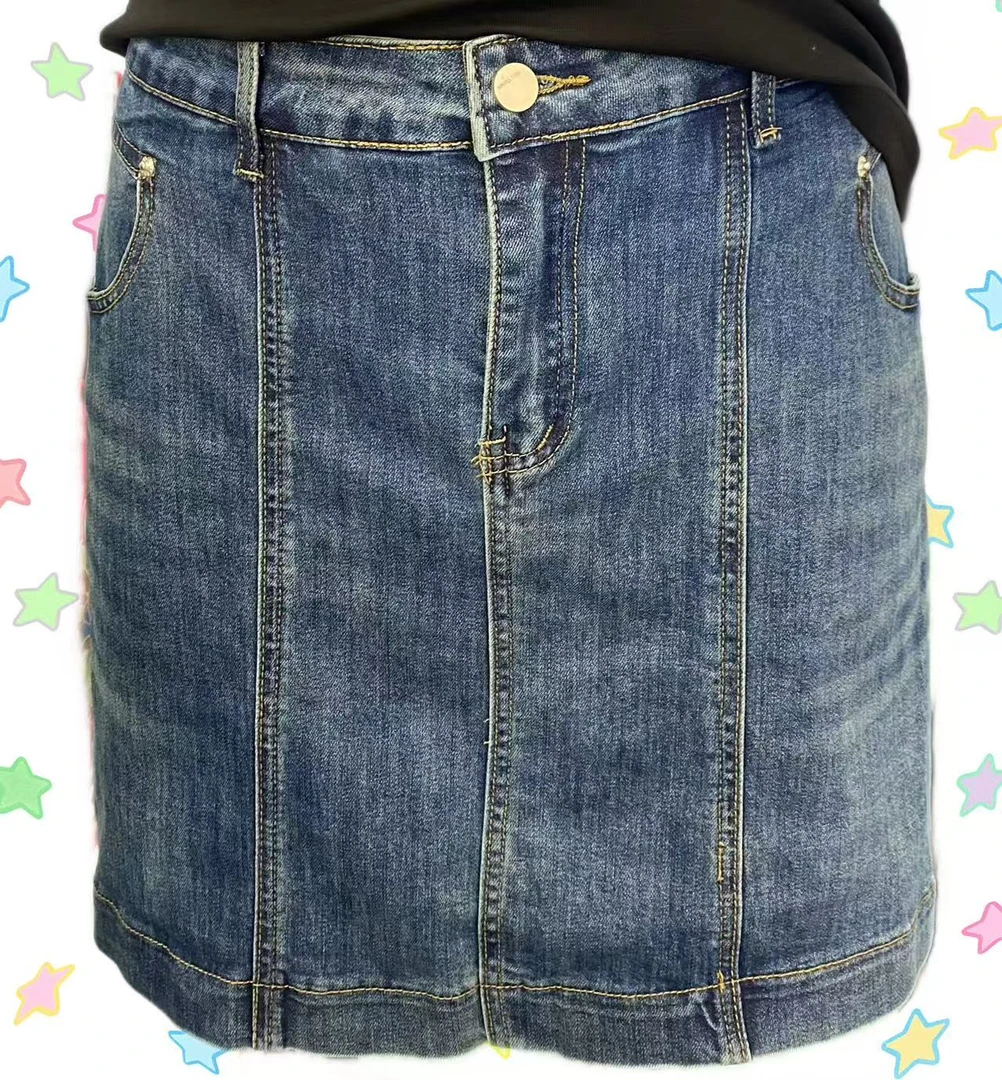 C597高腰牛仔短裙女防走光裤裙复古显瘦百搭a字包臀半身裙