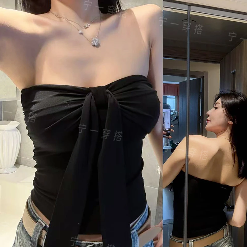 NY7041 扭结褶皱设计感辣妹抹胸背心外穿裹胸内搭宁一带胸垫上衣