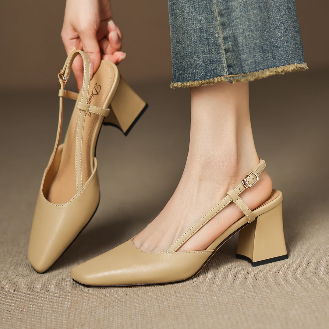 【跟高6cm】百搭斜头舒适包头高跟鞋女粗跟凉鞋女方头柔软新款女鞋