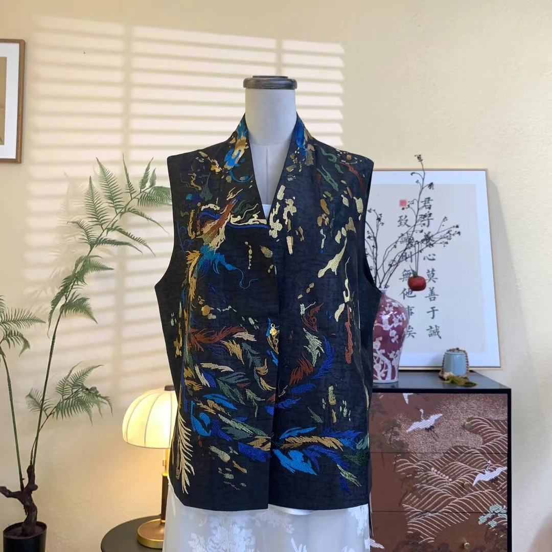 知羽.香云【若舒】新中式桑蚕丝香云纱龟裂纹重工刺绣马甲ZY1178