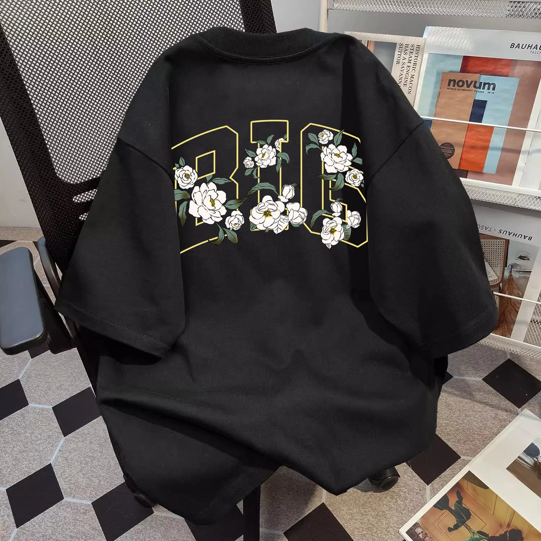 山茶花语美式潮牌印花t恤短袖2025夏季潮流复古欧美cleanfit上衣