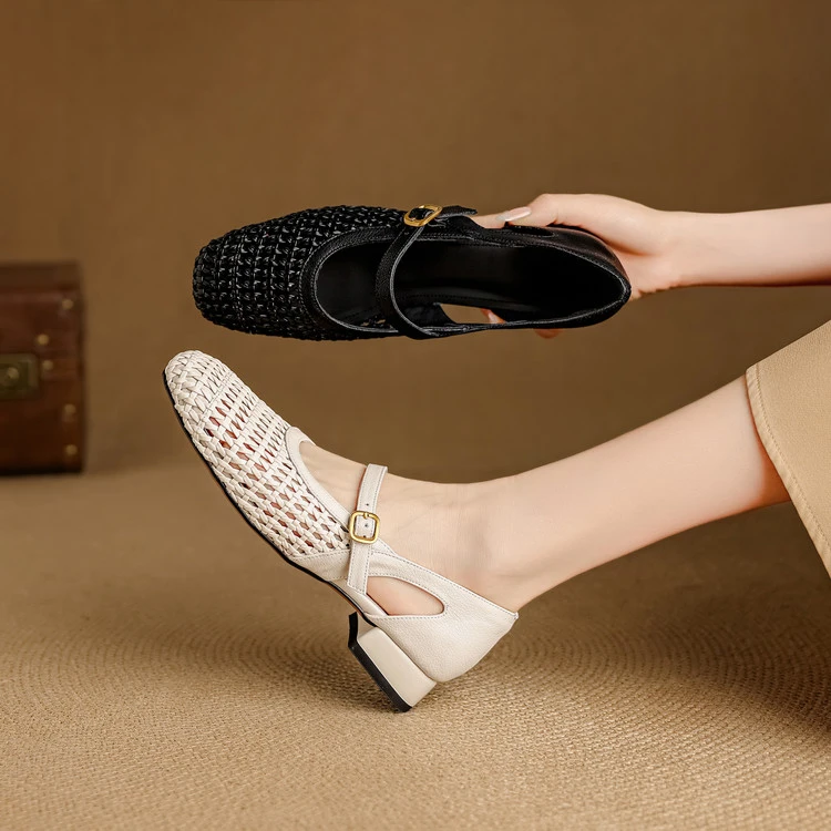 牛皮+编织2.5cm法式镂空夏季透气低粗跟单鞋女舒适软底包头凉鞋女
