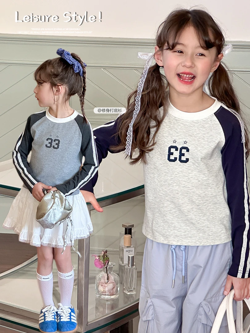 现货【小梨涡】插肩T秋季女童弹力宝宝长袖休闲撞色打底衫25A148