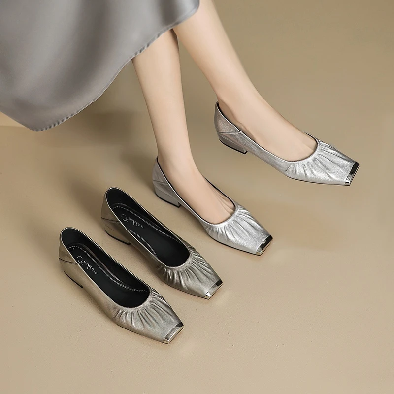 手工鞋~法式简约软羊皮金属防踢浅口单鞋女春秋新款一脚蹬豆豆鞋