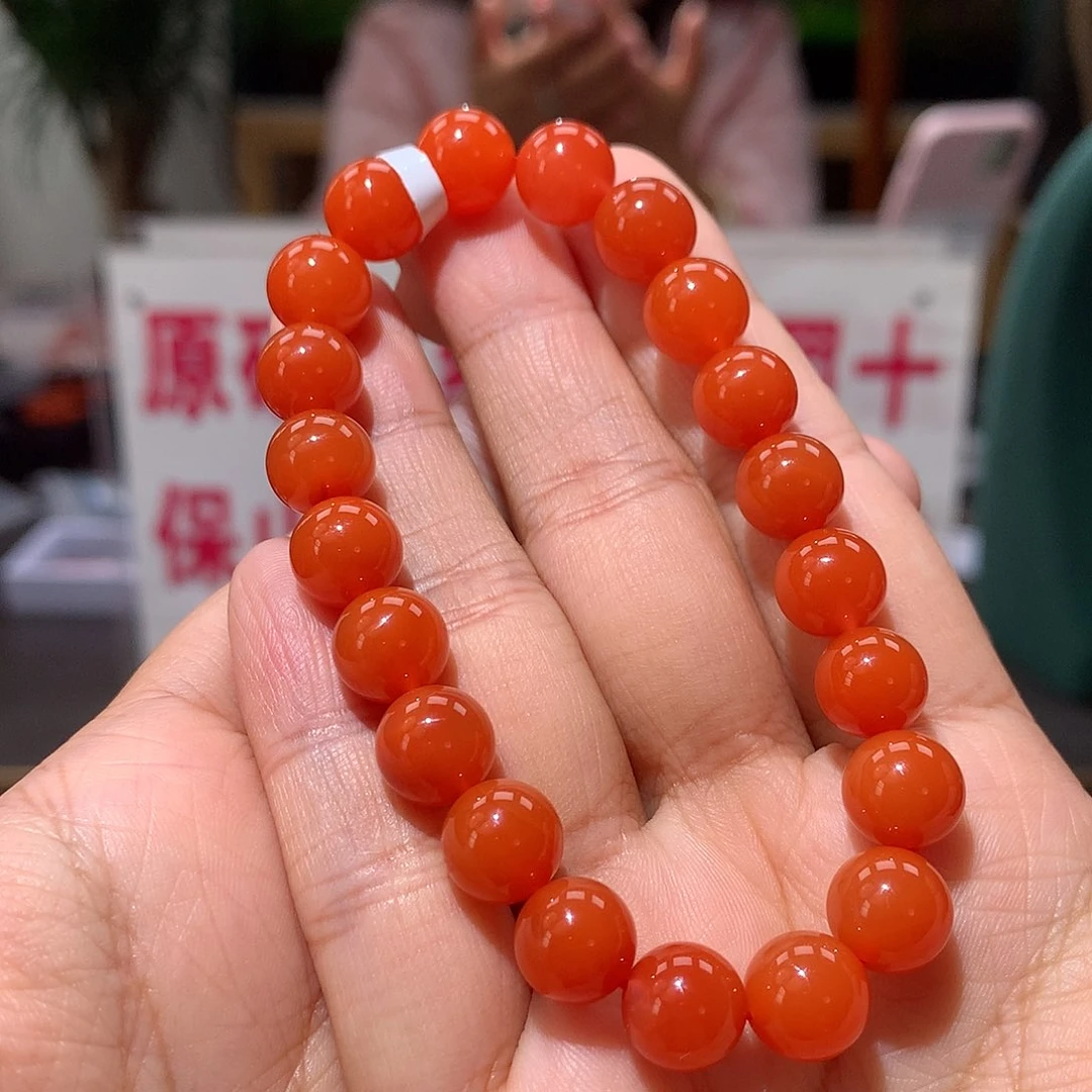 南红玛瑙保山原矿9mm中洞子柿子红手串未镶嵌