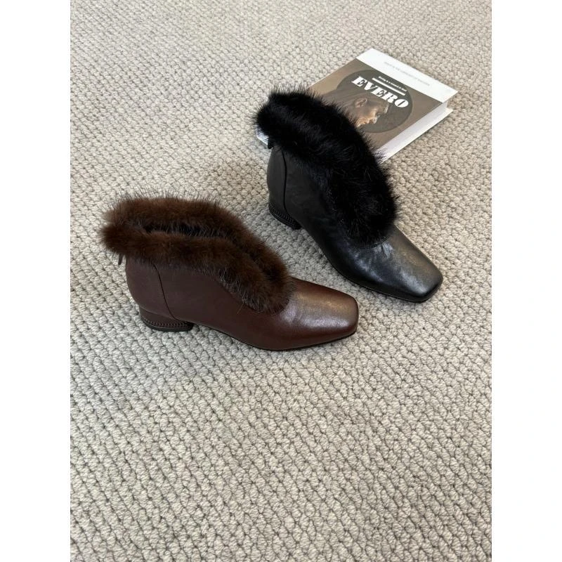 保暖短靴高跟胶粘包头英伦女方头粗跟复古冬季加绒呢子大衣专款