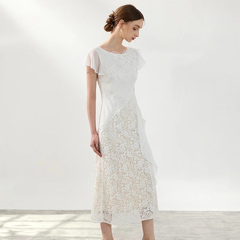 S25064礼服裙女蕾丝拼接小众设计提花小飞袖气质法式鱼尾连衣裙