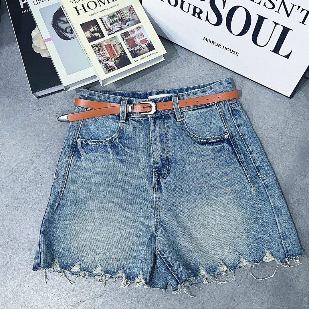 66101#浅蓝色磨破毛边五分牛仔短裤女欧货2025年直筒裤宽松中裤
