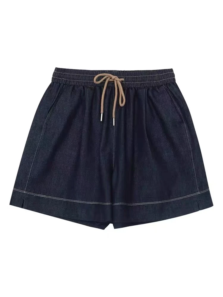 /丹宁蓝短裤/松紧腰抽绳明线设计阔腿短袖显瘦百搭裤子 JC15