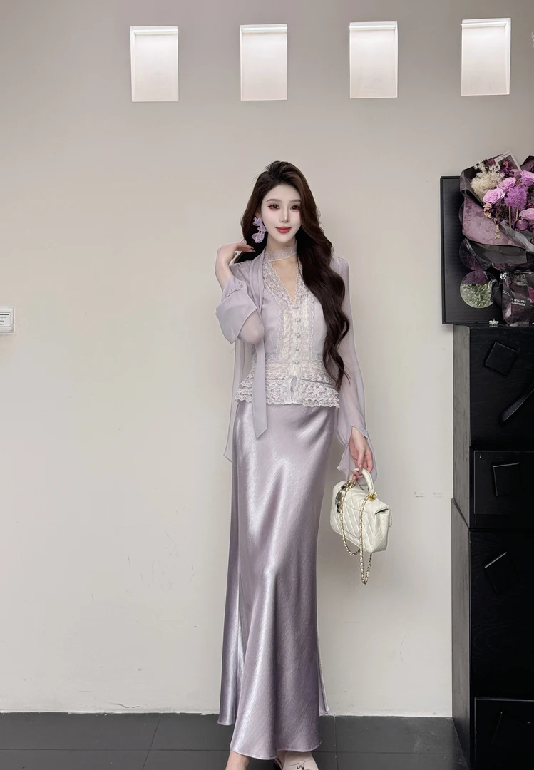 【海盐冰晶】小雨蕾丝气质夏季法式修身显瘦套装25432+25346-2