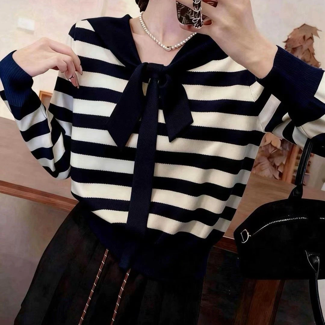 条纹薄款长袖针织秋季女毛针织衫百搭秋冬连帽上衣