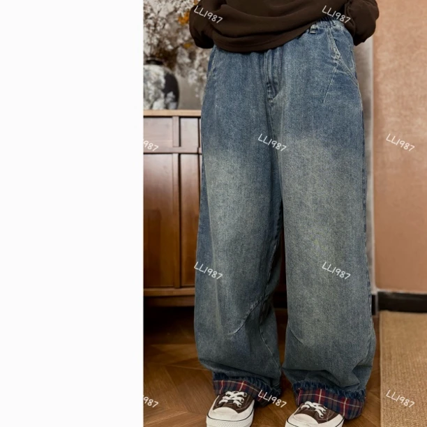 HY罗罗【里料红格直筒】秋冬韩系小众百搭显瘦显高潮流牛仔裤L215