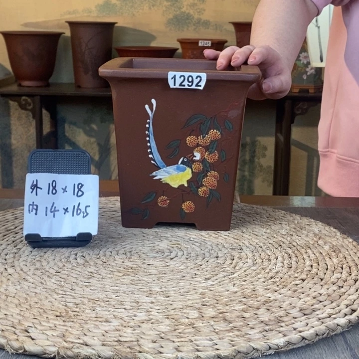 花盆紫砂  紫泥荔枝彩绘四方1292