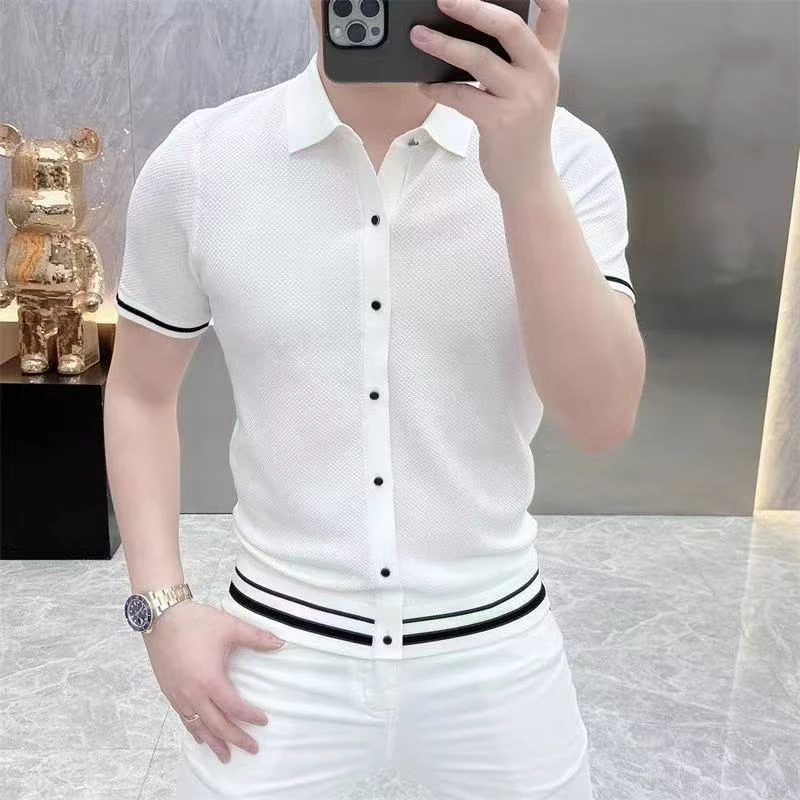 夏季新款男士pol潮牌修身帅气弹力翻领冰丝轻奢短袖T恤男潮针织衫