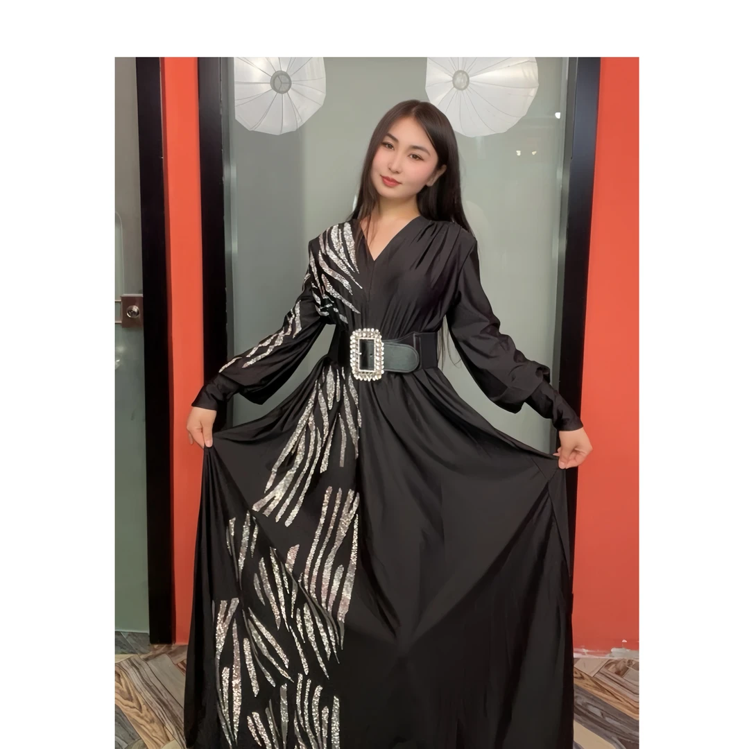 50751【FLORA女装】新款v领烫钻拼接长款时尚女长连衣福