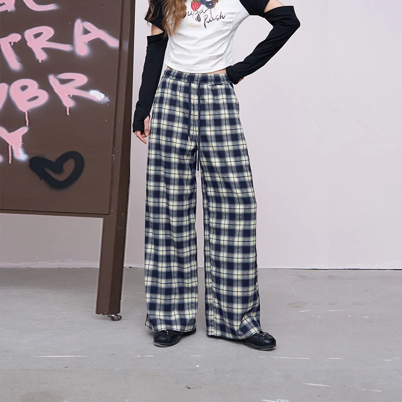 妖精的口袋2025秋显瘦阔腿裤休闲裤子撞色格纹宽松裤子女25310065