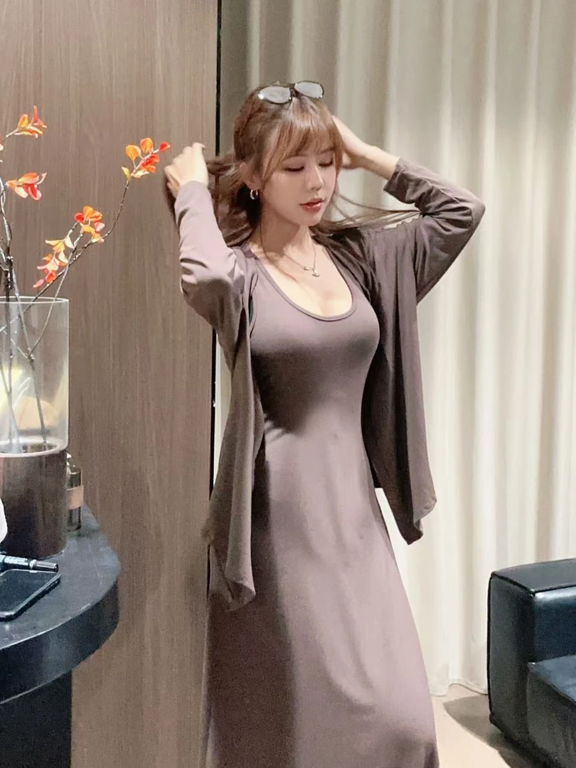 慵懒设计感休闲背心两件套绑带连衣裙时尚U领收腰高级感吊带长裙