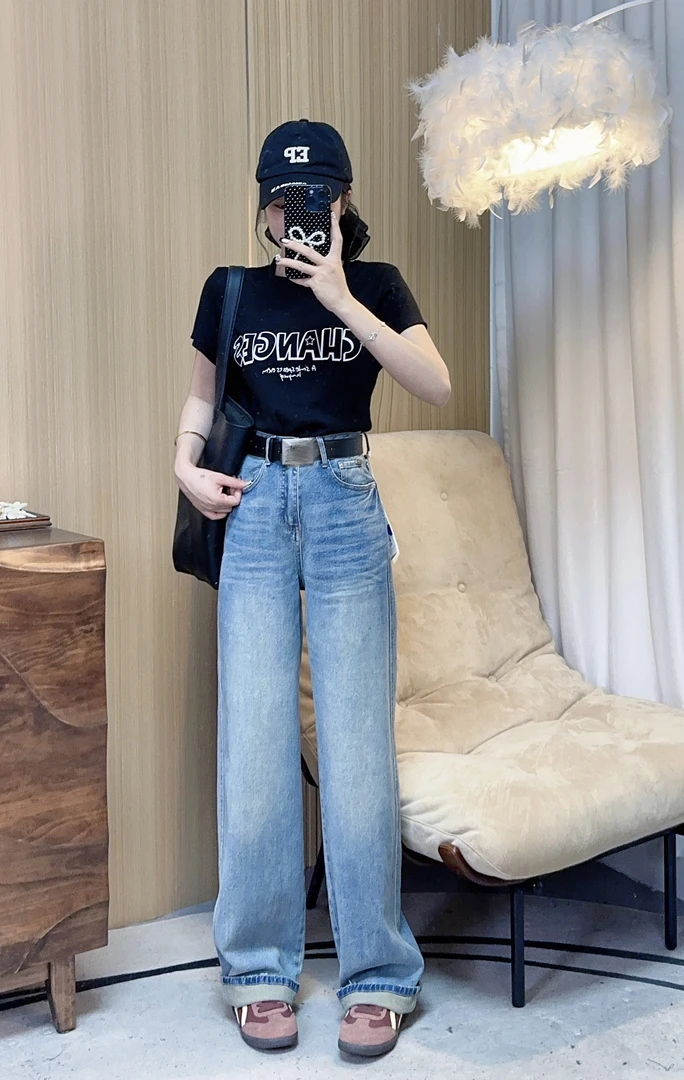 2025年春季新款韩版气质时尚高腰牛仔直筒长裤女8619