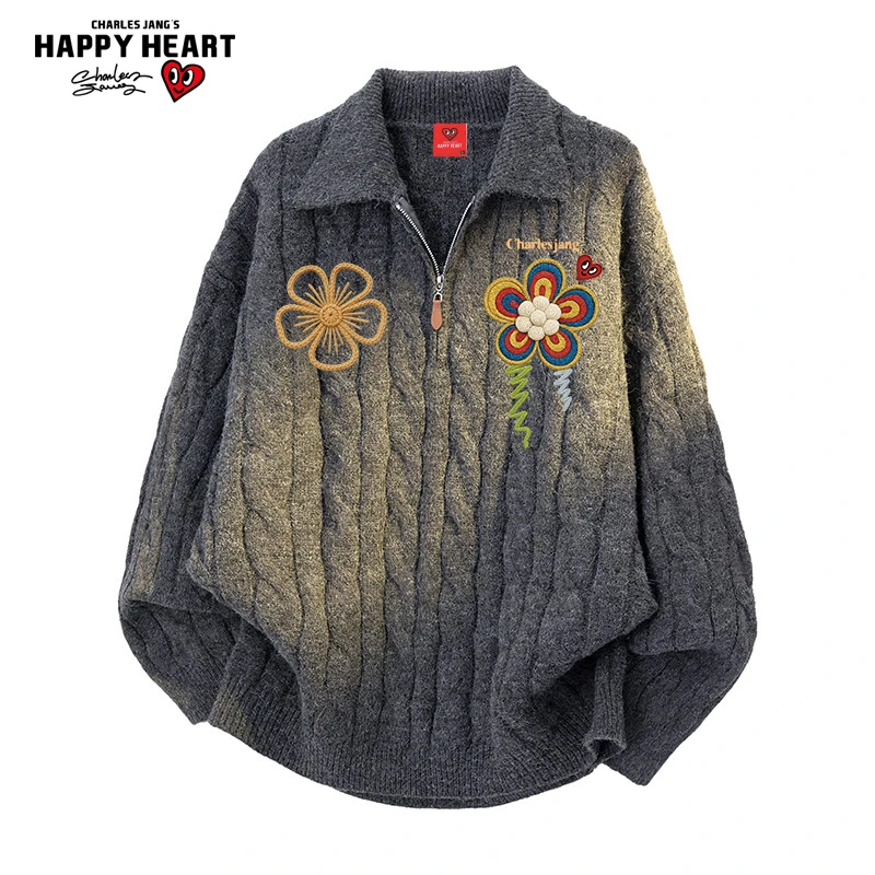 查尔斯桃心格蕾系半拉链毛衣男秋冬季新款花卉印花情侣翻领针织衫