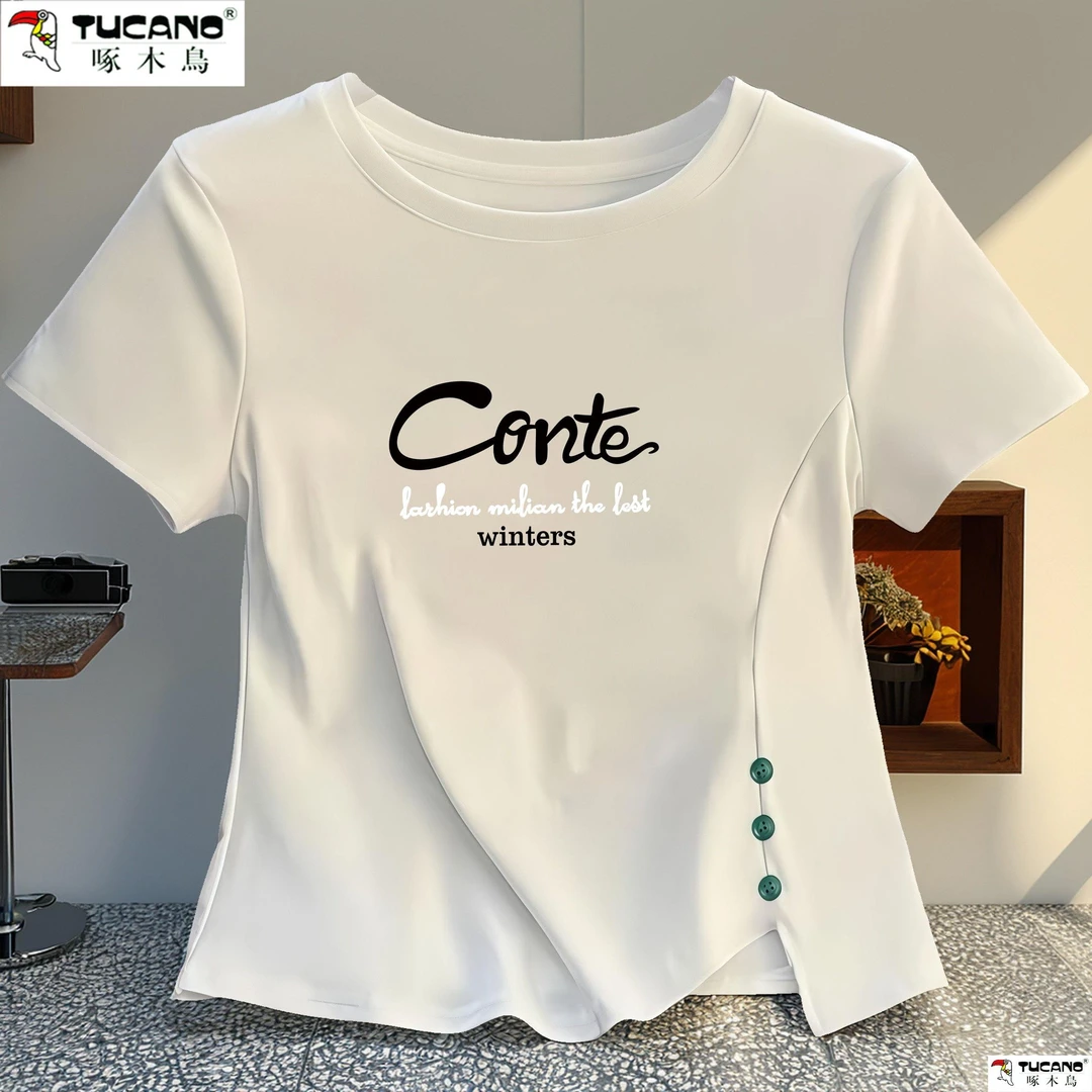 啄木鸟正品女常规款短款印花圆领夏季打底衫女士ins半袖上衣女装