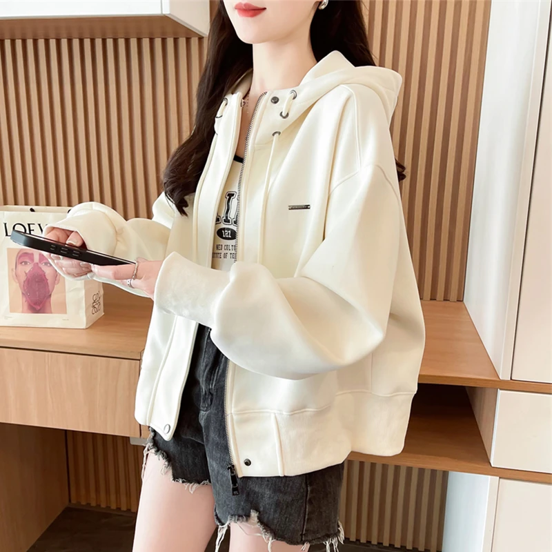 连帽卫衣女2025新款春秋韩版宽松纯色设计感小众百搭薄款开衫外套