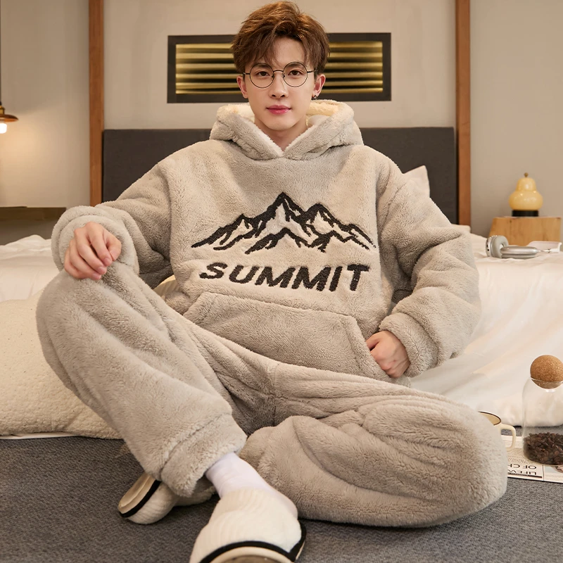 2025睡衣男士秋冬季珊瑚绒加绒加厚保暖青少年家居服套头连帽套装