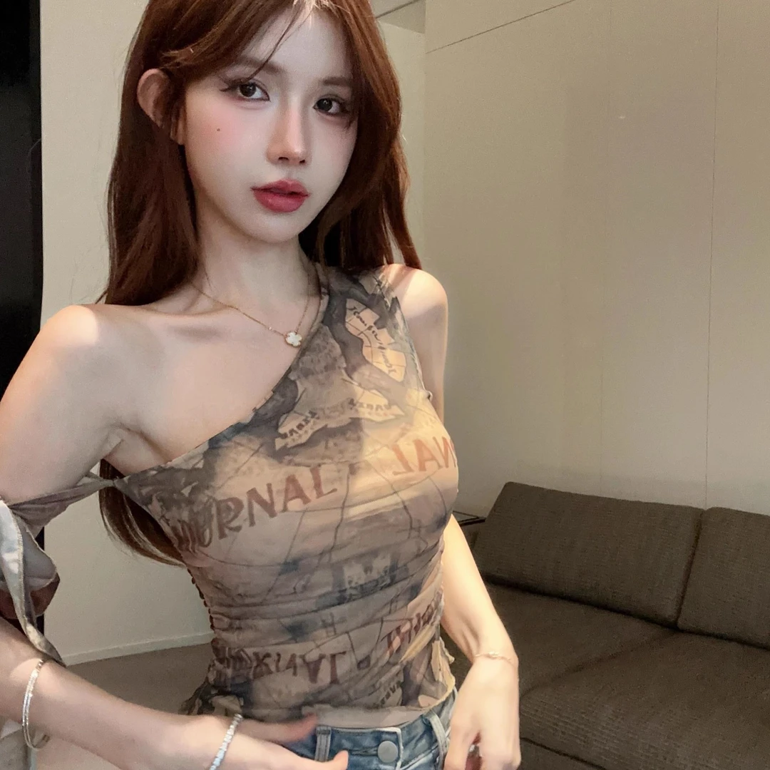 美式斜肩扎染吊带背心女外穿夏季泰式甜辣妹网纱修身显瘦短款上衣