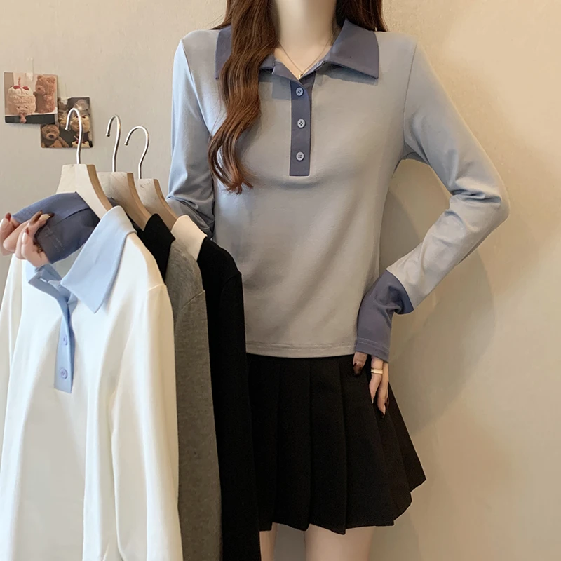 【小曹大码】春装新款女时尚撞色拼接polo领长袖内搭上衣-ONL33569