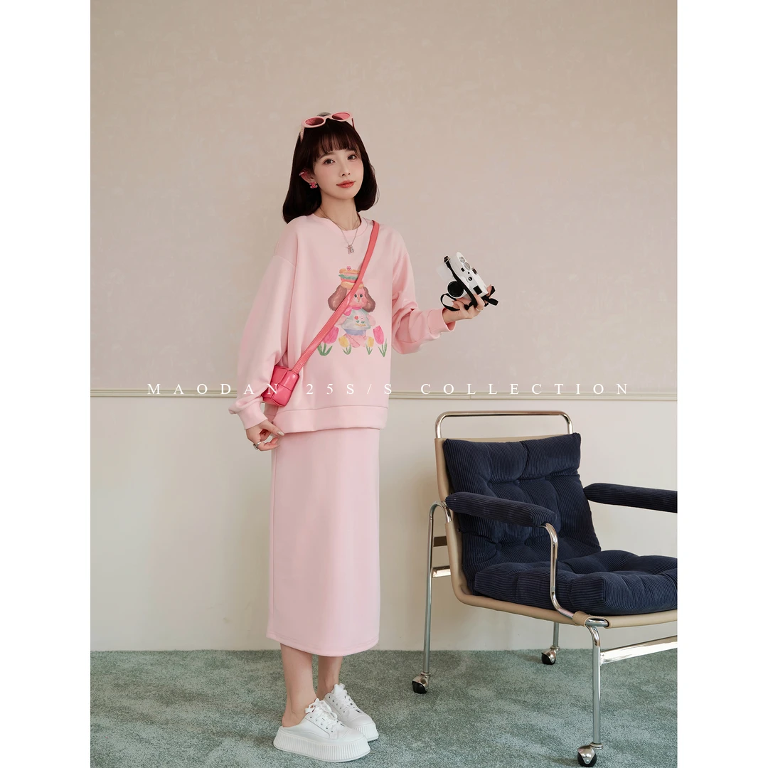 maodan/猫单【蜜桃汪汪】孕妇装新款春秋装卫衣印花长袖半裙两件套