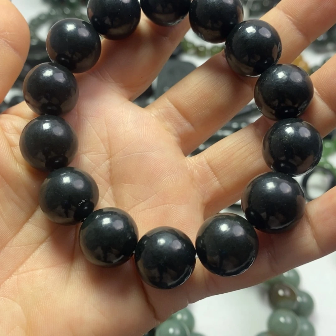 和田玉未镶嵌手链新疆和田黑青卡16圆珠手串