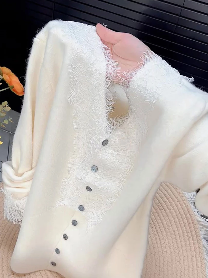 时尚气质蕾丝拼接v领针织衫开衫法式2025秋季长袖上衣显瘦女装
