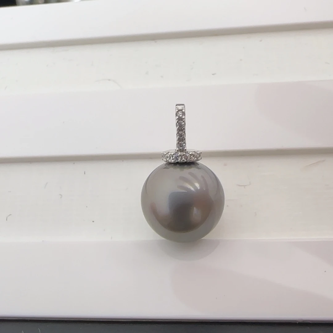 银S925镶嵌颈饰海水珍珠大溪地铂金灰海水珍珠吊坠10-11近圆