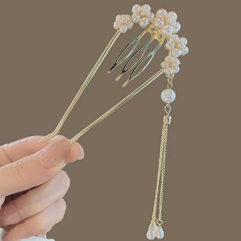 高级感优雅珍珠花朵吊坠发簪女丸子头后脑勺盘发神器简约现代簪子