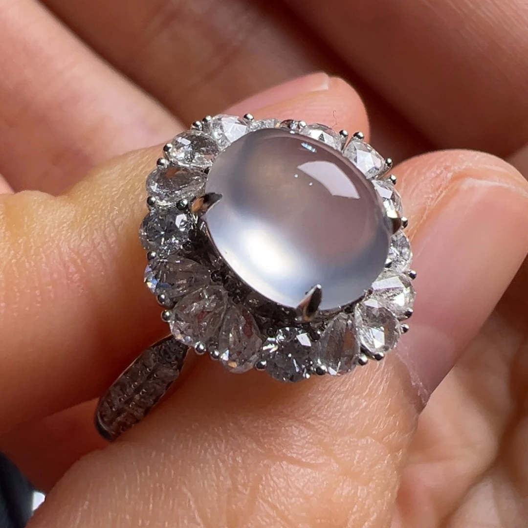 L***青翡翠18K金镶嵌戒指Y白冰蛋面